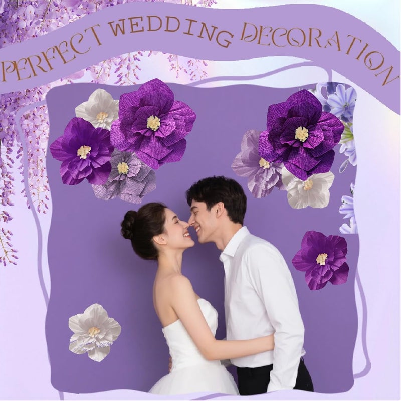Linnoptimix 9 PCS Purple Paper Flowers Artificial Crepe Tissue White Wall Décor Wedding Birthday Bridal Baby Shower Classroom Nursery Room Backdrop Centerpieces Party Decorations Supplies (Purple (9PCS)) - Image 3